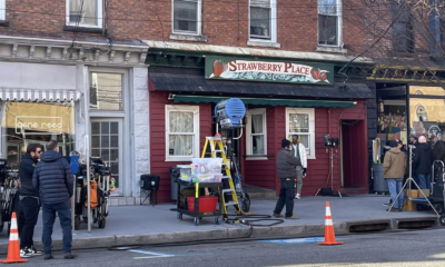 A production crew outside of Strawberry Place store